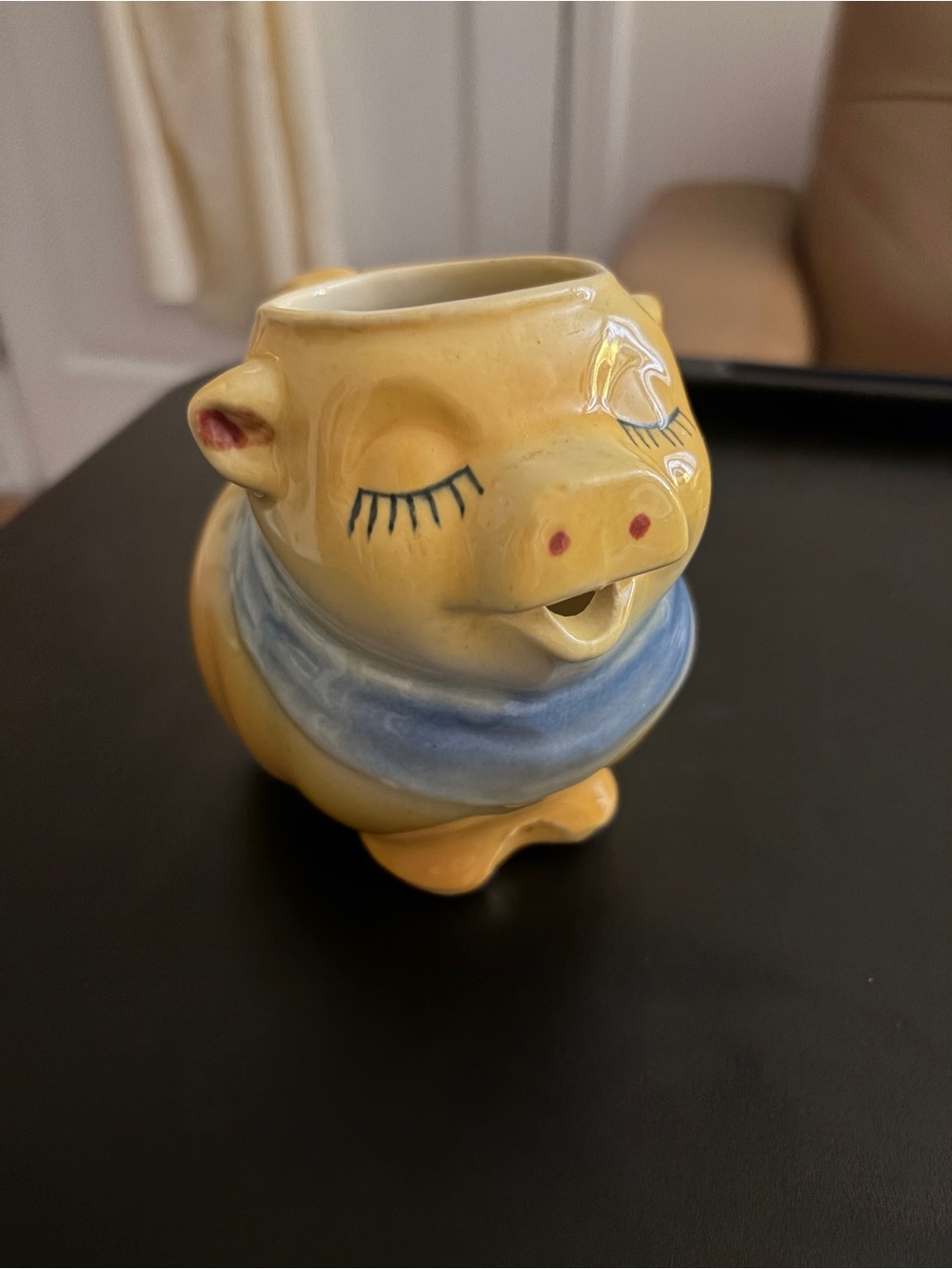 Yellow Ceramic Cow Creamer Pitcher with Blue Scarf